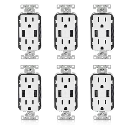 Leviton T5632-W 6 Pack 15 Amp Combination Duplex Decora Receptacle and USB Charger/Tamper Resistant, White