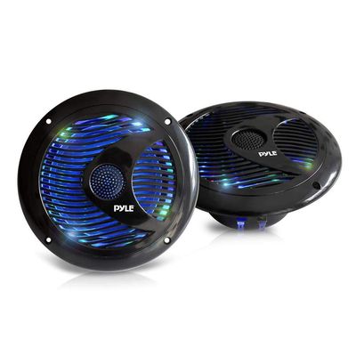 Pyle 6.5 Dual Marine Speakers - IP44 Waterproof and Weather Resistant Outdoor Audio Stereo Sound System with Built-in Led Lights, 150 Watt Power and Polypropylene Cone - 1 Pair - PLMR6LEB (Black)