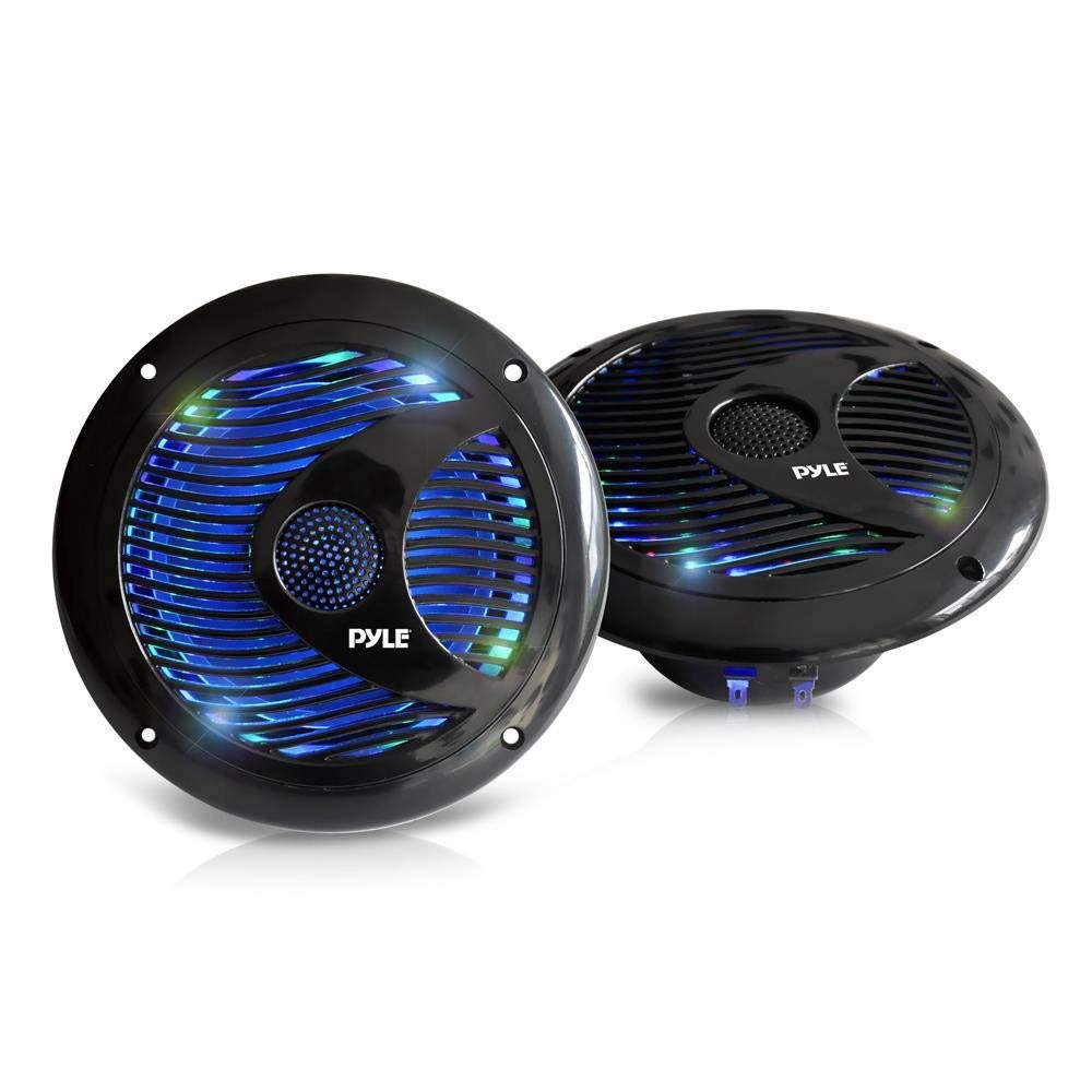Pyle 6.5 Dual Marine Speakers - IP44 Waterproof and Weather Resistant Outdoor Audio Stereo Sound System with Built-in Led Lights, 150 Watt Power and Polypropylene Cone - 1 Pair - PLMR6LEB (Black)