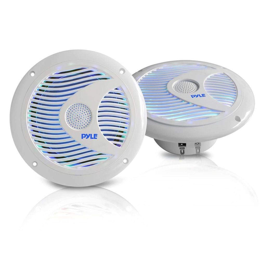 Pyle 6.5 Inch Dual Marine Speakers - IP44 Waterproof and Weather Resistant Outdoor Audio Stereo Sound System with Built-in Led Lights, 150 Watt Power and Polypropylene Cone - 1 Pair (White)