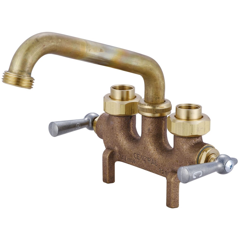 Central Brass Two Handle Laundry Faucet Heavy Duty Rough Brass 6" Wall Mounted Reach Tube Swivel Spout, 0465