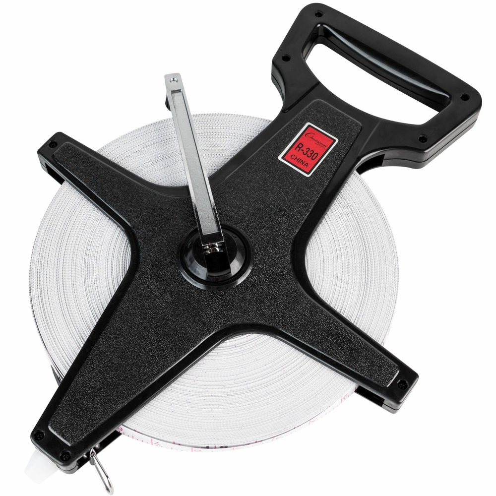 Champion Sports Open Reel Measuring Tapes  Durable Hand Crank with Metal Spike, Dual-Sided Feet & Meters, Perfect for Track & Field and Long Jump, 330 Feet/100 Meters