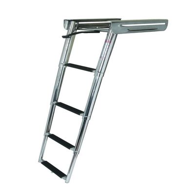 JIF Marine Under Platform Slide Out Ladder 4-Step Spring Loaded Telescoping Ladder with Flat Poly Treads, Electropolished 304 Stainless Steel 400 lb Capacity