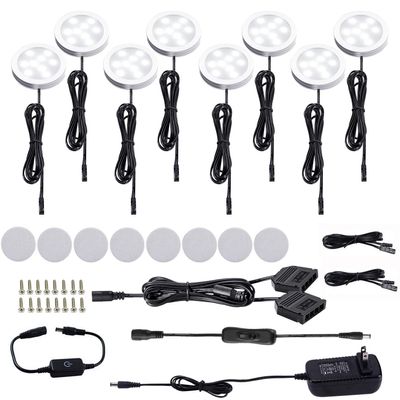 AIBOO LED Under Cabinet Puck Lights Kit with Touch Dimming Switch for Accent Display in Cabinet Lighting (8 Lights,Daylight White)