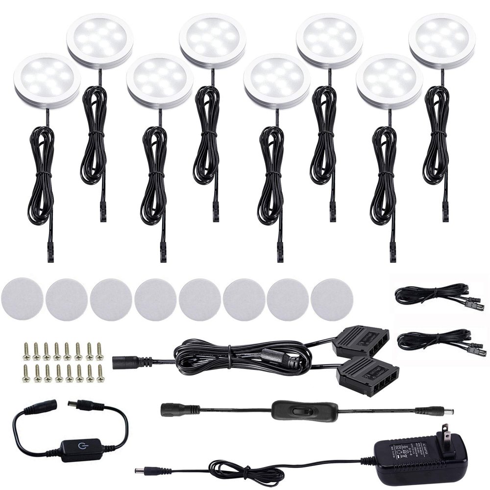 AIBOO LED Under Cabinet Puck Lights Kit with Touch Dimming Switch for Accent Display in Cabinet Lighting (8 Lights,Daylight White)