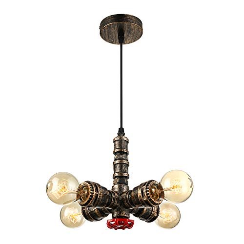 NIUYAO Industrial Vintage Bare Edison Bulbs Water Pipes Pendant Light Chandelier Rustic Hanging Lighting Fixture with 4 Bulb Sockets 160W Painted Finish 444809