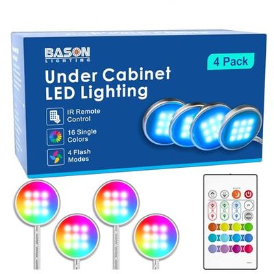 BASON LIGHTING RGB Under Cabinet Lighting, Wireless Remote Control, 16-Color Plug in Puck Lights, Dimmable LED Cabinet Light Kit for Kitchen, Bookshelf, Counter, 4 Pack