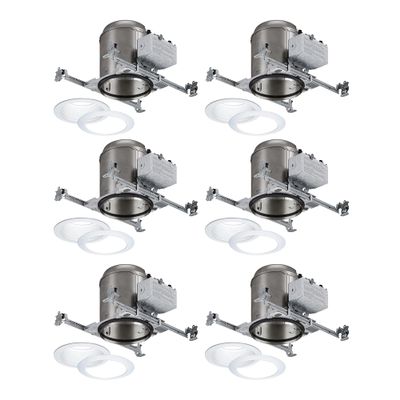 HALO 6" New Construction Recessed Lighting Housing/Can 6-Pack, IC-Rated, Air-Tite, E26 Base, Kit w/ 6 White Baffle Trims