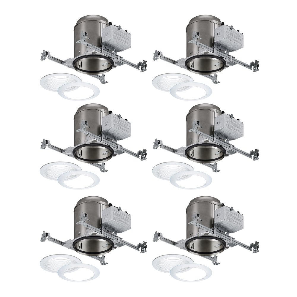 HALO 6" New Construction Recessed Lighting Housing/Can 6-Pack, IC-Rated, Air-Tite, E26 Base, Kit w/ 6 White Baffle Trims