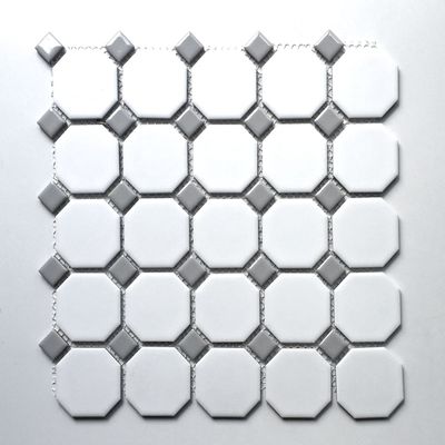 Squarefeet Depot Retro Octagon Porcelain Mosaic Floor and Wall Tile, 12" x 12", Matte White and Gray Dot Mixed