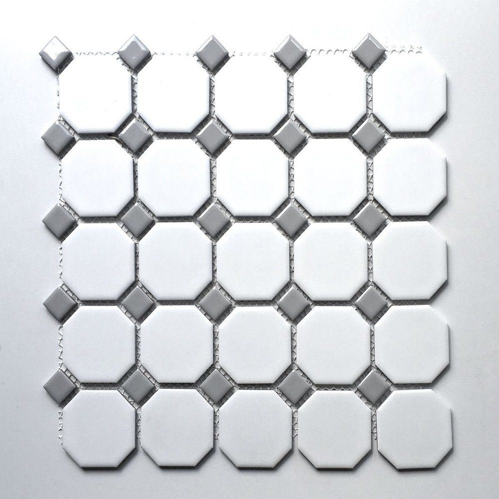 Squarefeet Depot Retro Octagon Porcelain Mosaic Floor and Wall Tile, 12" x 12", Matte White and Gray Dot Mixed