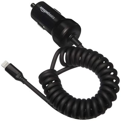 Amazon Basics 12W (5V, 2.4A) Fast Car Charger with Coiled Lightning Cable, MFi Certified for iPhone, iPad and Apple Devices, 1.5 ft, Black