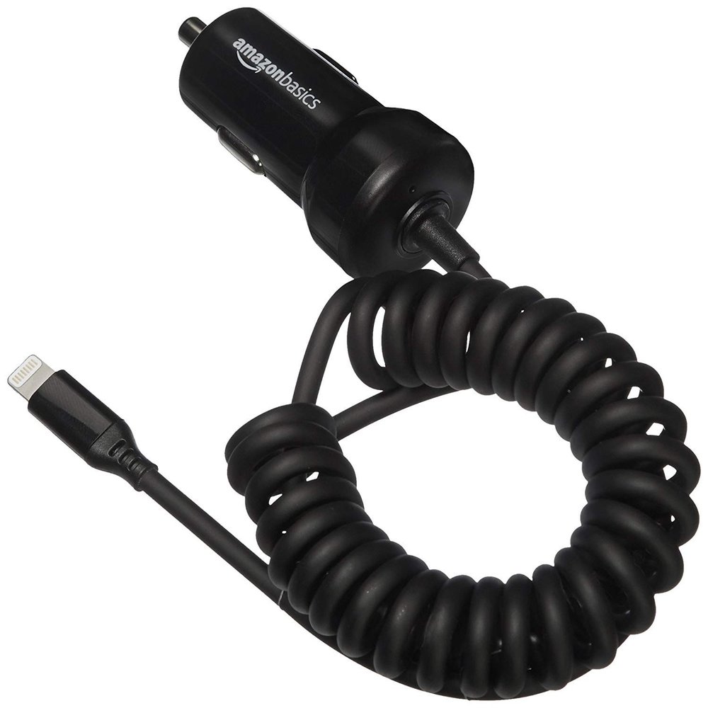 Amazon Basics 12W (5V, 2.4A) Fast Car Charger with Coiled Lightning Cable, MFi Certified for iPhone, iPad and Apple Devices, 1.5 ft, Black