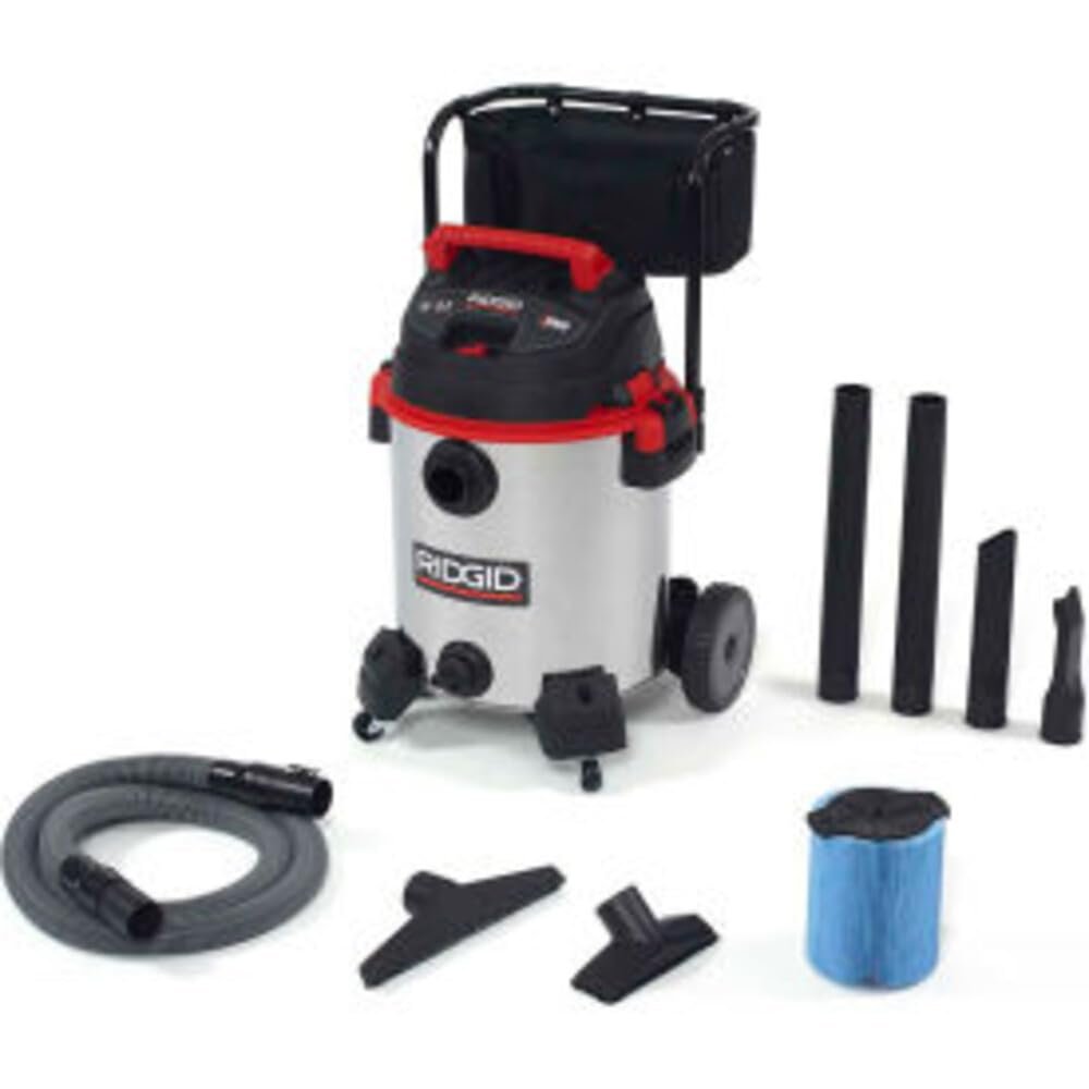 RIDGID 50353 1610RV Stainless Steel 16-Gal. Wet Dry Shop Vacuum with Cart, 6.5 Peak HP Motor, Large Wheels, Pro Hose, Drain, and Blower Port, Red
