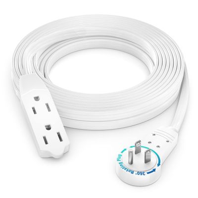 Maximm Cable 15 Ft 360 Rotating Flat Plug Extension Cord/Wire, 16 AWG Multi 3 Outlet Extension Wire, 3 Prong Grounded Wire - White - UL Certified