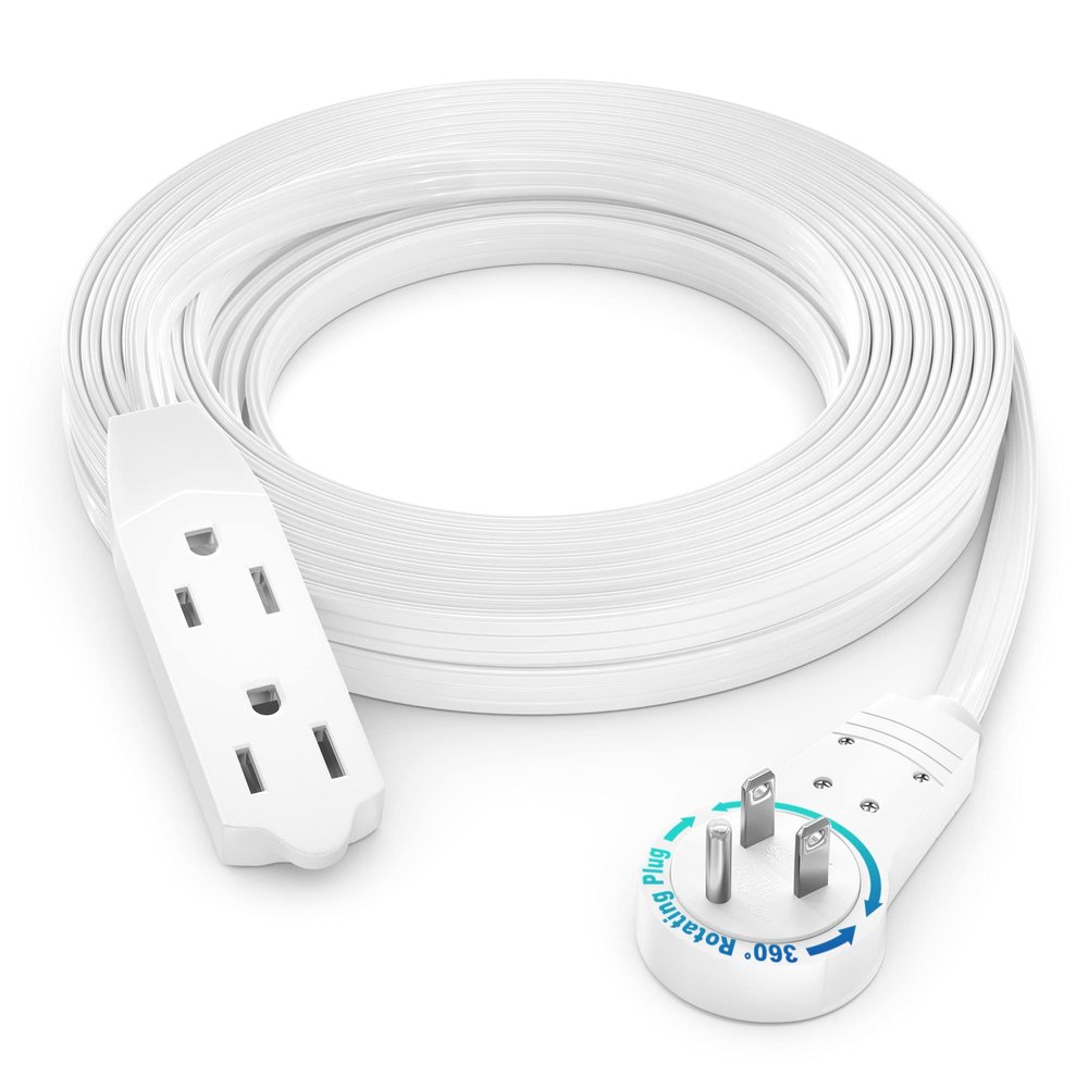 Maximm Cable 15 Ft 360 Rotating Flat Plug Extension Cord/Wire, 16 AWG Multi 3 Outlet Extension Wire, 3 Prong Grounded Wire - White - UL Certified