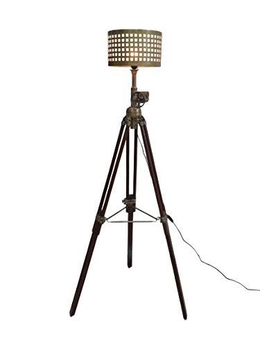THOR INSTRUMENTS Vintage Style Retro Brown Wood Tripod Floor Lamp with Vintage Brass Lamp Shade Home Deco Rustic Vintage Home Decor Gifts