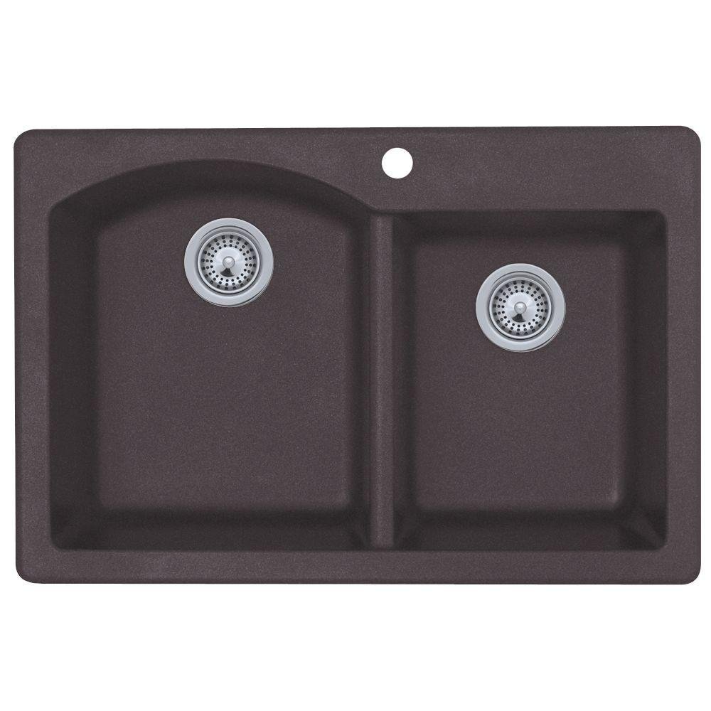 Swanstone QZ03322DB.077 Granite 1-Hole Dual Mount Double-Bowl Kitchen Sink, 33-in L X 22-in W X 9-in H, Nero