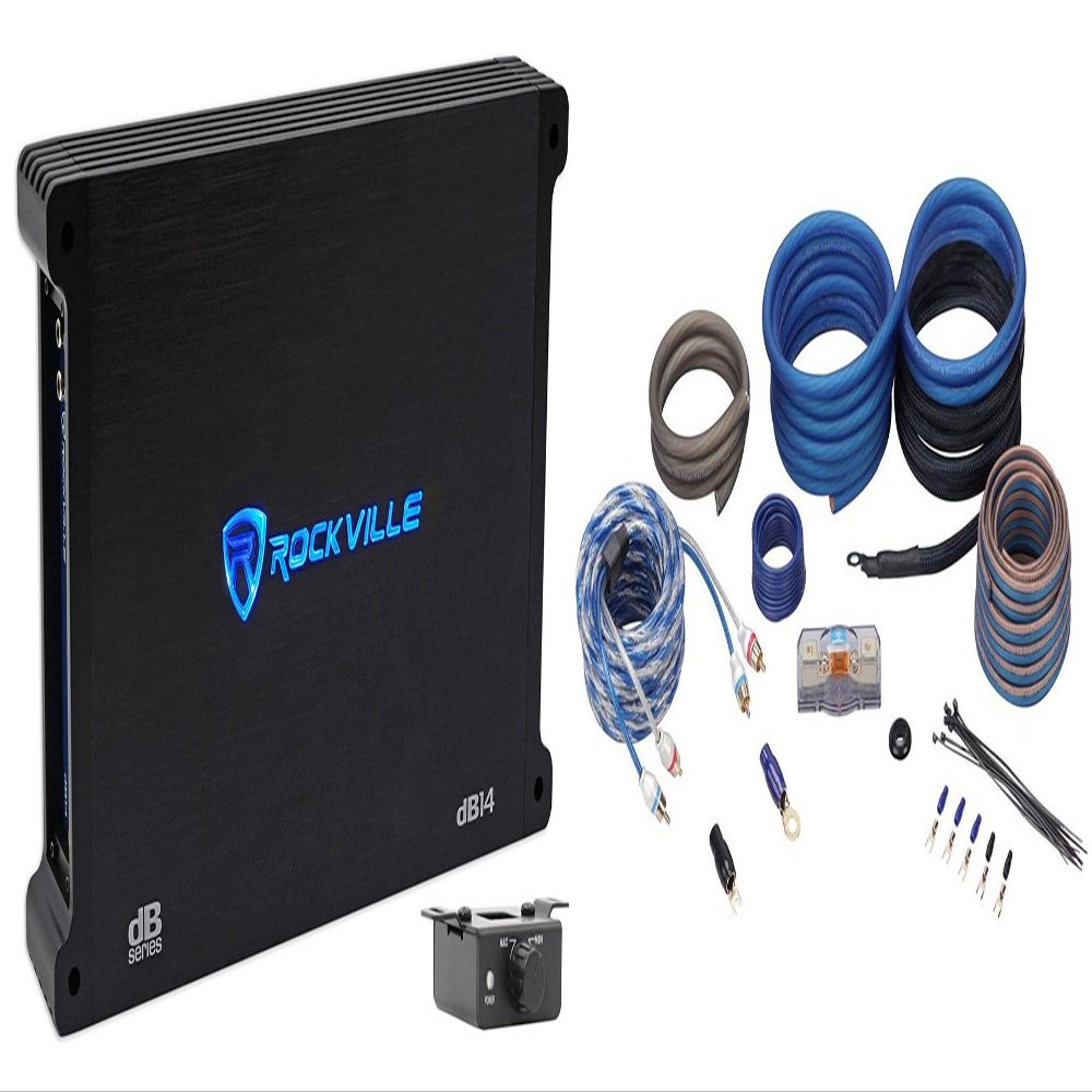 Rockville dB14 Bundle: 4000-Watt Peak/1000-Watt RMS Mono 2-Ohm Car Audio Amplifier, RWK4CU 4 AWG 100 Percent Copper Amp Installation Wire Kit OFC for Vehicle Subwoofer and Stereo Systems, 2-Items