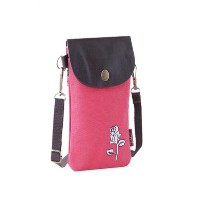 Leather & Canvas Embroidery Flower Mobile Phone Crossbody Bag, Red