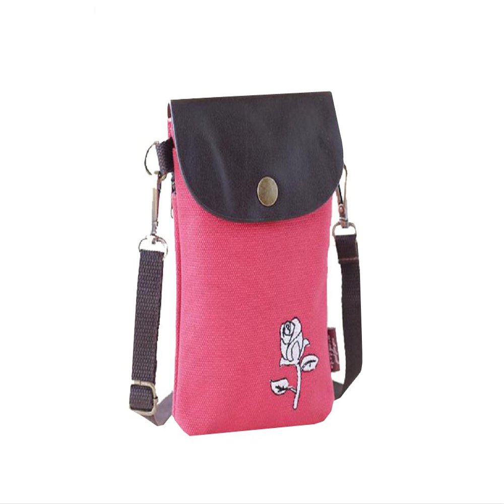 Leather & Canvas Embroidery Flower Mobile Phone Crossbody Bag, Red