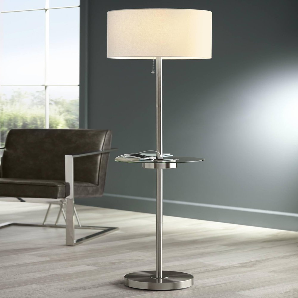 360 Lighting Caper 60 1/2" Tall Nickel Tray Table USB and Outlet Floor Lamp