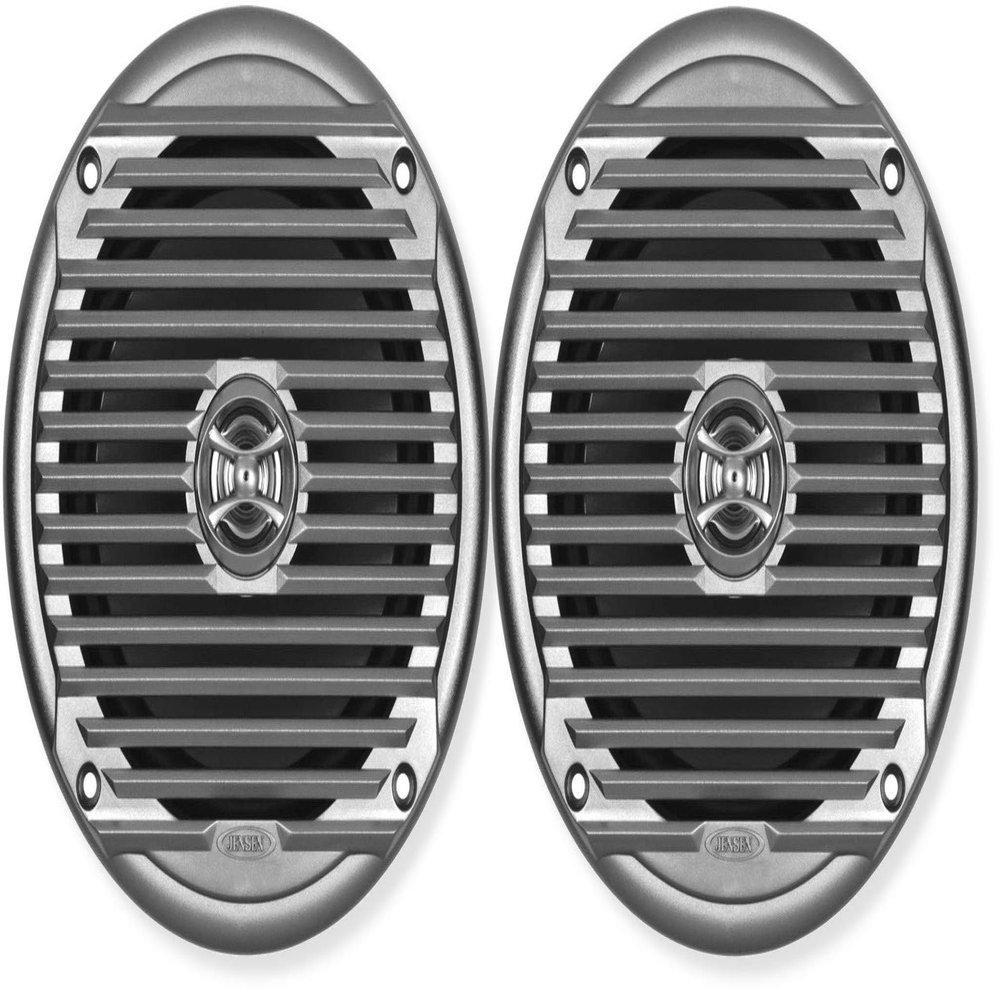 Jensen MS6007SR Pair of 6.5" Coaxial Waterproof Silver Speakers, 60 Watts Max Power, Frequency Response 65Hz-20kHz, Nominal Impedance 4 Ohms, 7-1/8" Grille Diameter