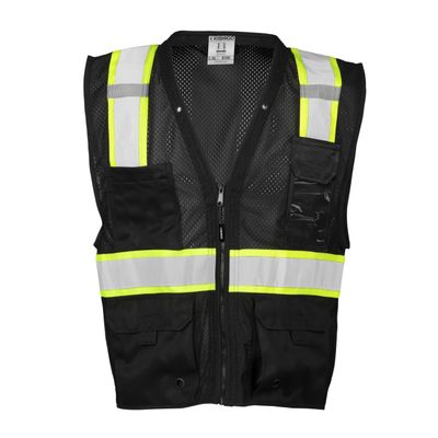 Kishigo Black Enhanced Visibility Men's Vest B100, Multi Pocket Mesh Hi-Vis Vest, Ultra-Cool Polyester Material, 6 Pockets, Zipper Front Closure, Construction Work Safety Vest (Black EV, LG-XL)