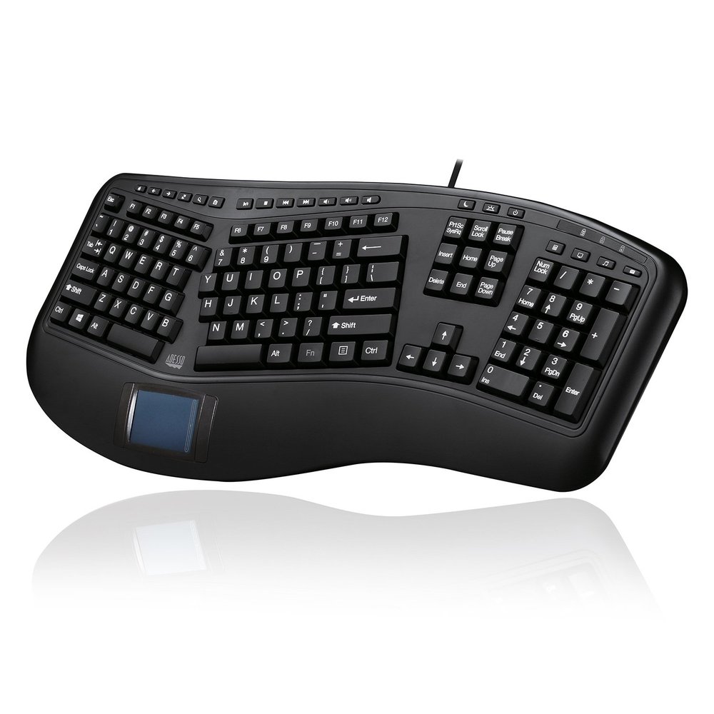 ADESSO AKB-450UB - Ergonomic Keyboard with Built-in Touchpad, Wired USB, Multimedia Hotkeys, Split Keys Design, Built-in Palm Rest for Comfort - Compatible for PC