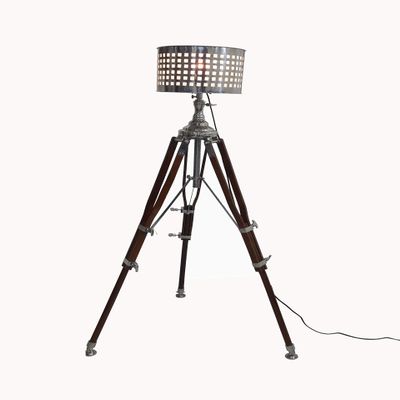 THOR INSTRUMENTS Royal Brown Wood Heavy Tripod Lamp with Chrome Matel Shade Home Decor Rustic Vintage Home Decor Gifts