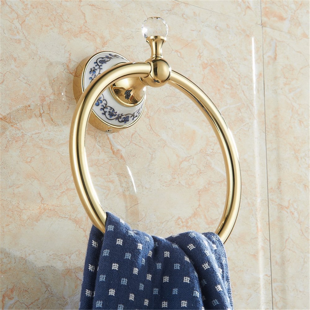 GH8 Blue and White Porcelain Crystal Towel Bar Ring for Bathroom Accessories (Golden)