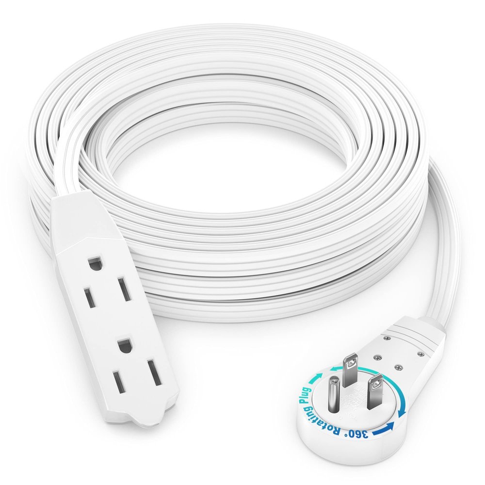 Maximm Cable 20 Ft 360 Rotating Flat Plug Extension Cord, 16/3 AWG Multi 3 Outlet 3-Prong Grounded Wire- White - UL Certified