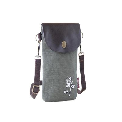 Leather & Canvas Embroidery Flower Mobile Phone Cross-body Shoulder Bag 3 Layers Zip Pouch Case (green)