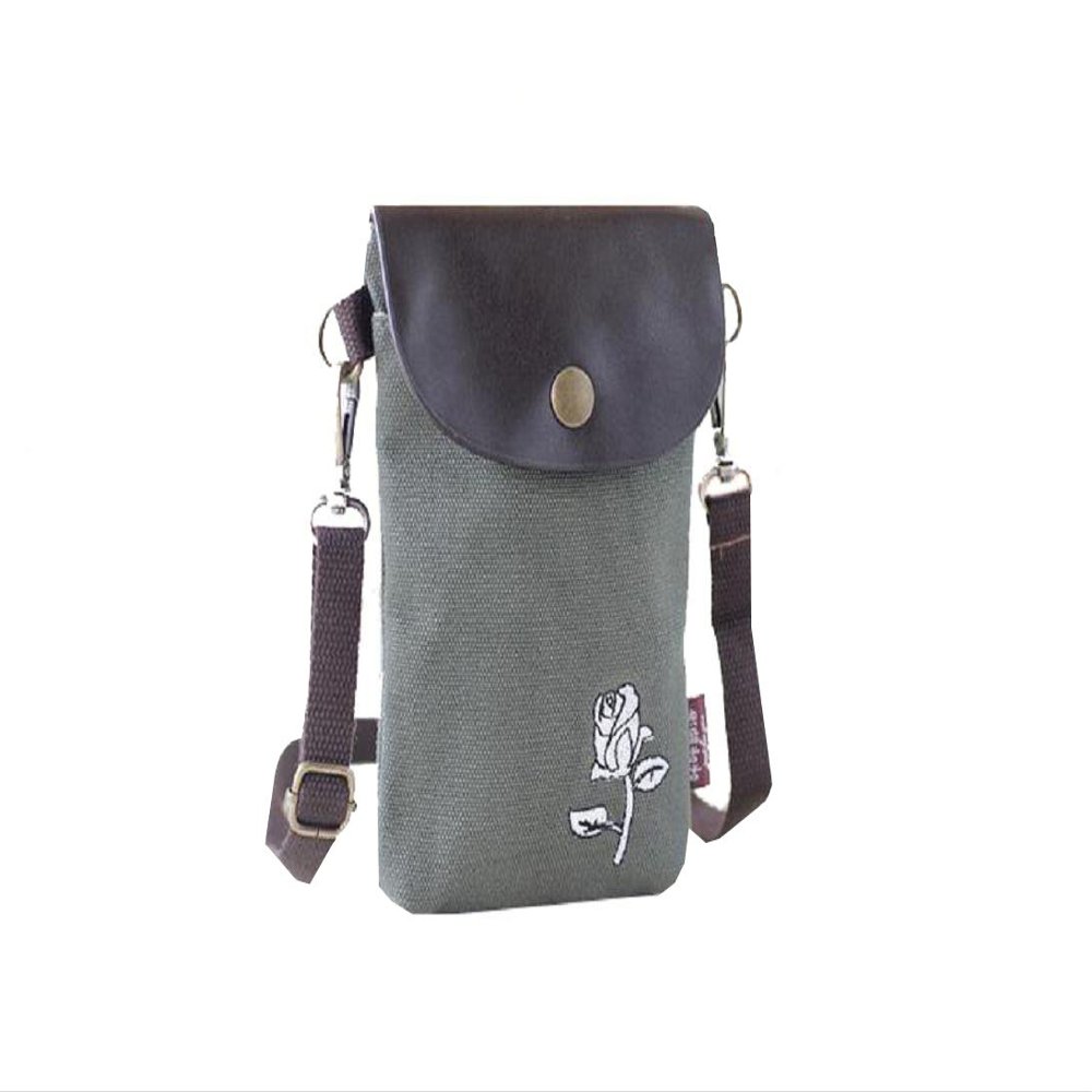 Leather & Canvas Embroidery Flower Mobile Phone Cross-body Shoulder Bag 3 Layers Zip Pouch Case (green)