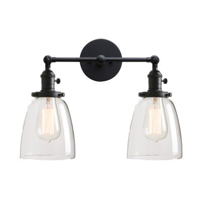 Permo Double Sconce Vintage Industrial Antique 2-Lights Wall Sconces with Oval Cone Clear Glass Shade (Black)