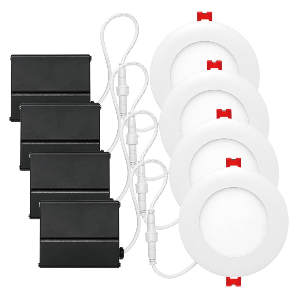 Globe Electric 91119 4" Ultra Slim LED Integrated Recessed Lighting Kit 4-Pack, 9 Watts, Energy Star, IC Rated, Dimmable, Wet Rated, White, 4.25" Hole Size, Bathroom Lights, 540 Lumens Each