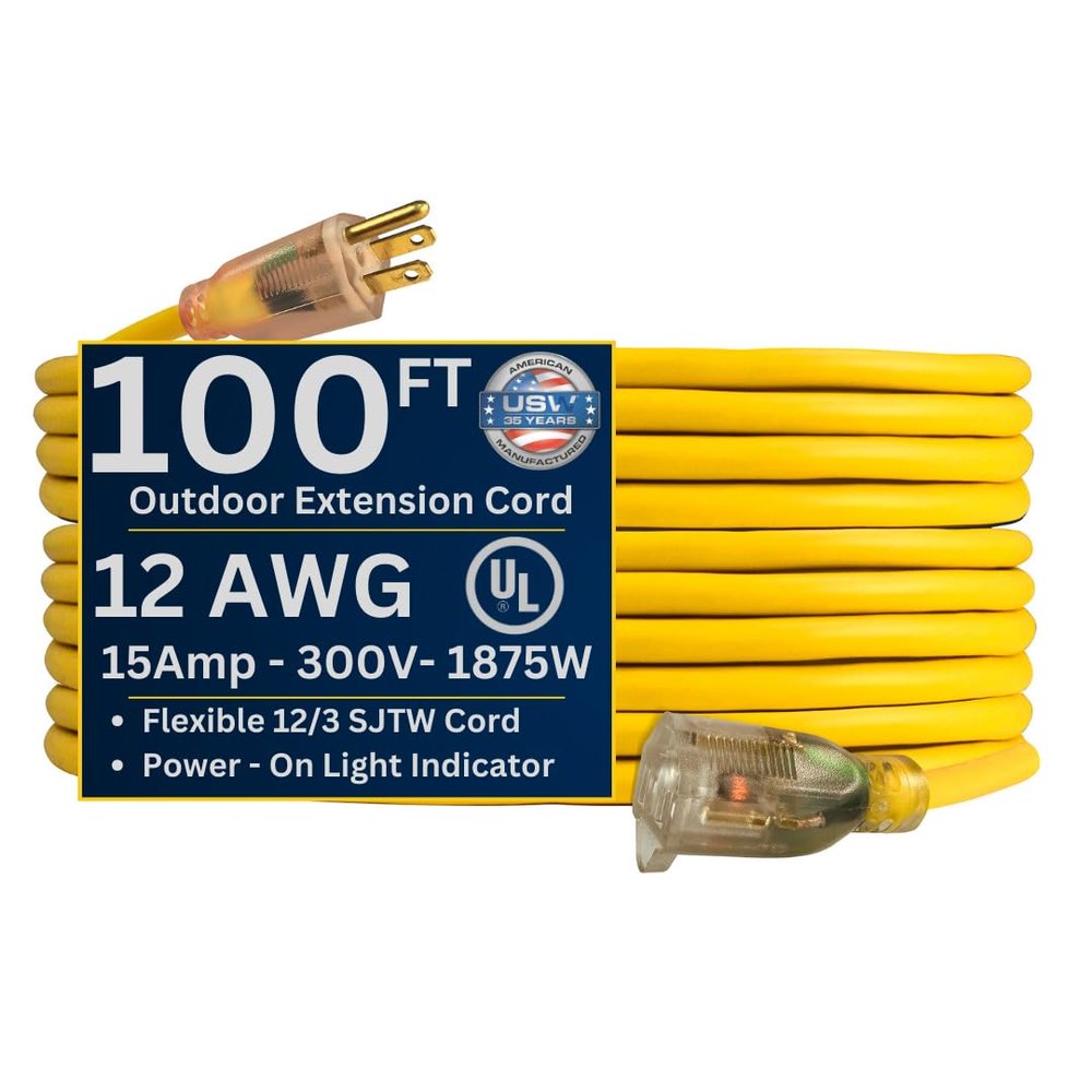 US Wire and Cable 12/3 Gauge x 100-Foot Lighted Heavy Duty General Purpose Extension Cord 12/3 Gauge, Yellow, Kink-Resistant, Heavy Duty, Power Indicator Light, SJTW, Made in USA