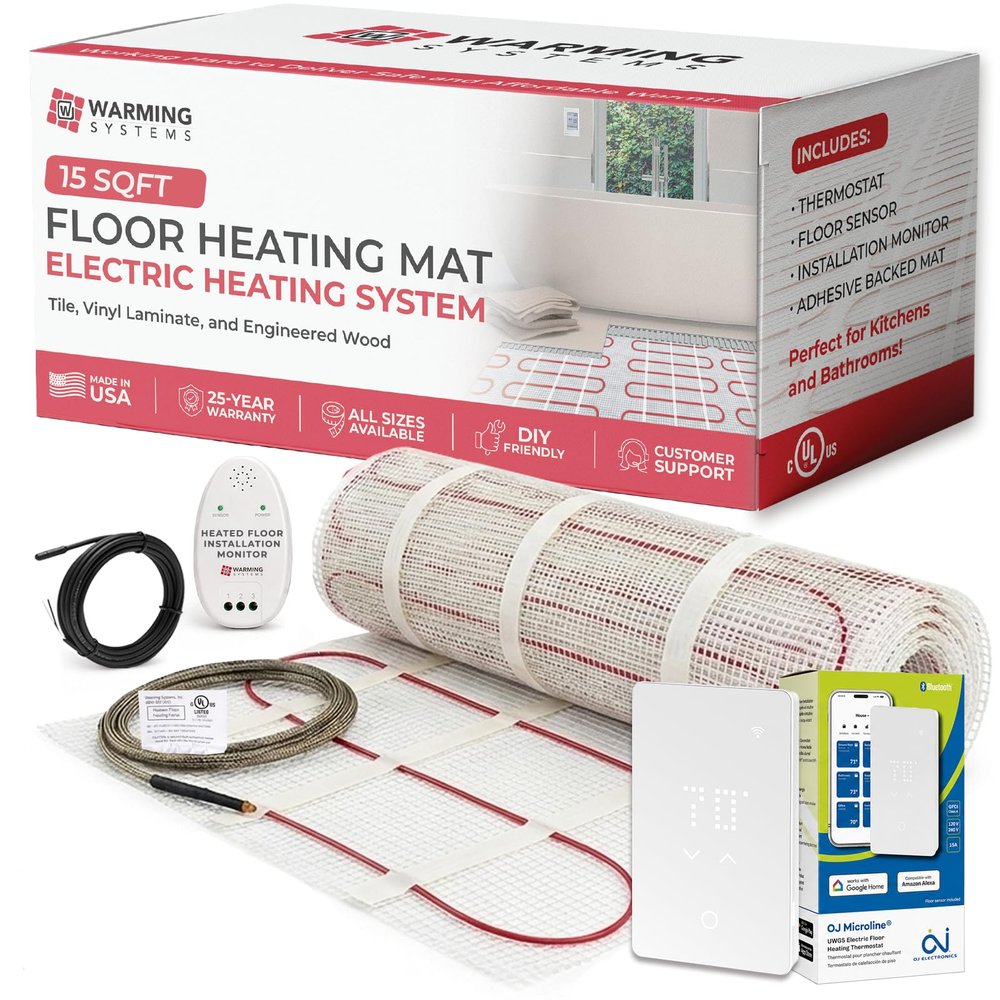 Warming Systems - 15 Sqft Electric Radiant Floor Heating Mat Kit 120V Heated Tile Floor System with UWG5 Programmable Thermostat, Sensor, Installation Monitor & 25 Year Warranty, Made in the USA