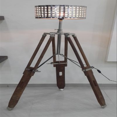 THOR INSTRUMENTS Nautical Tripod Wooden Floor Lamp Heavy Wood Natural Finish with Chrome Shade Rustic Vintage Home Decor Gifts