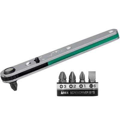 ANEX Ultra Low Profile Offset Ratcheting Screwdriver 90 Degree Angled For Tight Area (Magnetic 5 Bits Set) Straight Flathead, Green