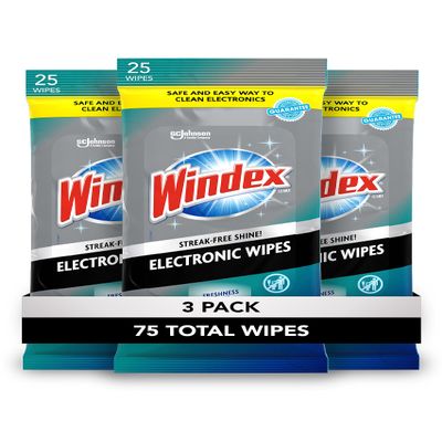 Windex Electronic Cleaning Wipes, Pre-Moistened Screen Wipes for TVs, Phones, and Other Electronics, Resealable for a Freshness Lock, 25 Count (Pack of 3)