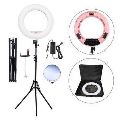 Yidoblo 18" LED Ring Light Kit Bi-Color Dimmable Photo Studio Video Portrait Film Selfie YouTube Photography Lighting Set with Phone/Camera Holder, Makeup Mirror, Stand and Travel Bag Pink