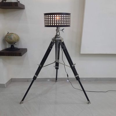 THOR INSTRUMENTS Designer Black Wooden Tripod Adjustable Height Floor Lighting Lamp with Black Shade Rustic Vintage Home Decor Gifts