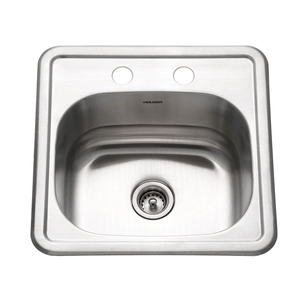 Houzer Hospitality Stainless Steel Bar & Prep Sink: 15 Inch Drop-In Topmount 2-Hole Sink for Bar & Kitchen, Durable & Versatile, Essential for Home & Apartment: 1515-6BS-1