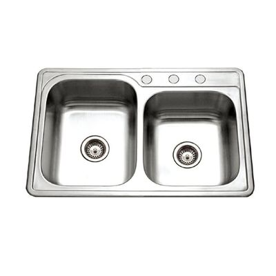 Houzer ISL-3322BS3-1 Glowtone Stainless Steel Kitchen Sink, Topmount, 60/40 Double Bowl Kitchen Sink, 3-hole, Cabinet Compatibility, Satin Finish