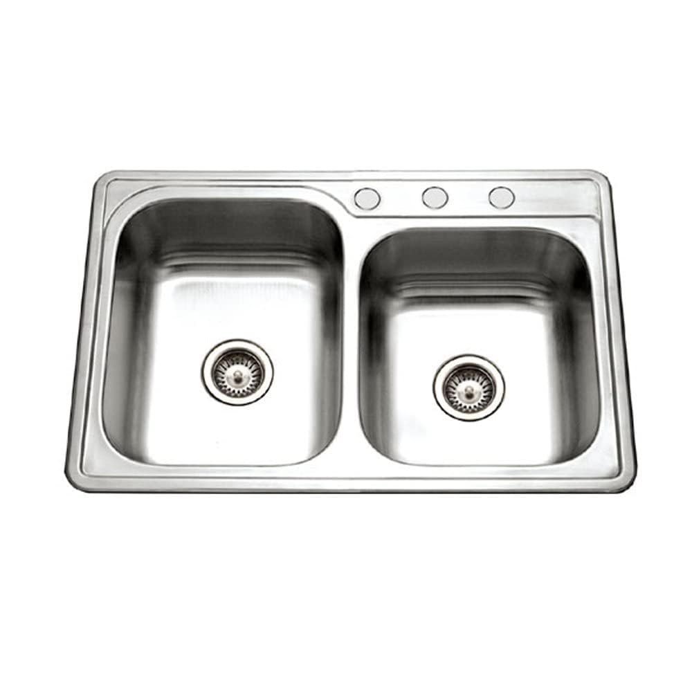 Houzer ISL-3322BS3-1 Glowtone Stainless Steel Kitchen Sink, Topmount, 60/40 Double Bowl Kitchen Sink, 3-hole, Cabinet Compatibility, Satin Finish