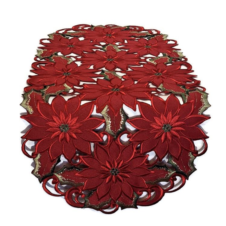 Doily Boutique Christmas Table Runner Embroidered with Red Cutwork Poinsettias, Size 44 x 15 inches