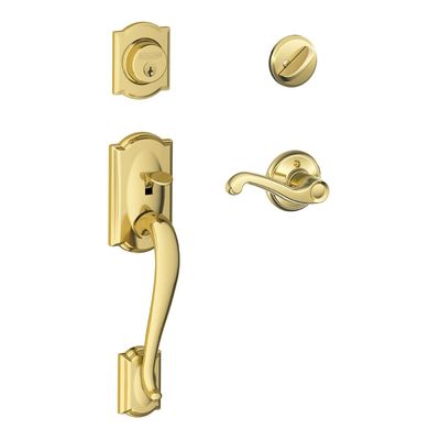 SCHLAGE Camelot Single Cylinder Handleset and Right Hand Flair Lever, Bright Brass (F60 CAM 505 FLA 605 RH)