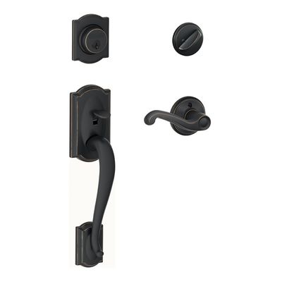 SCHLAGE Camelot Single Cylinder Handleset and Right Hand Flair Lever, Aged Bronze (F60 CAM 716 FLA RH)