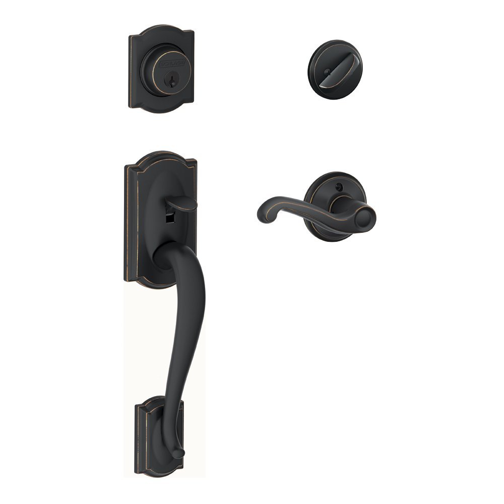 SCHLAGE Camelot Single Cylinder Handleset and Right Hand Flair Lever, Aged Bronze (F60 CAM 716 FLA RH)
